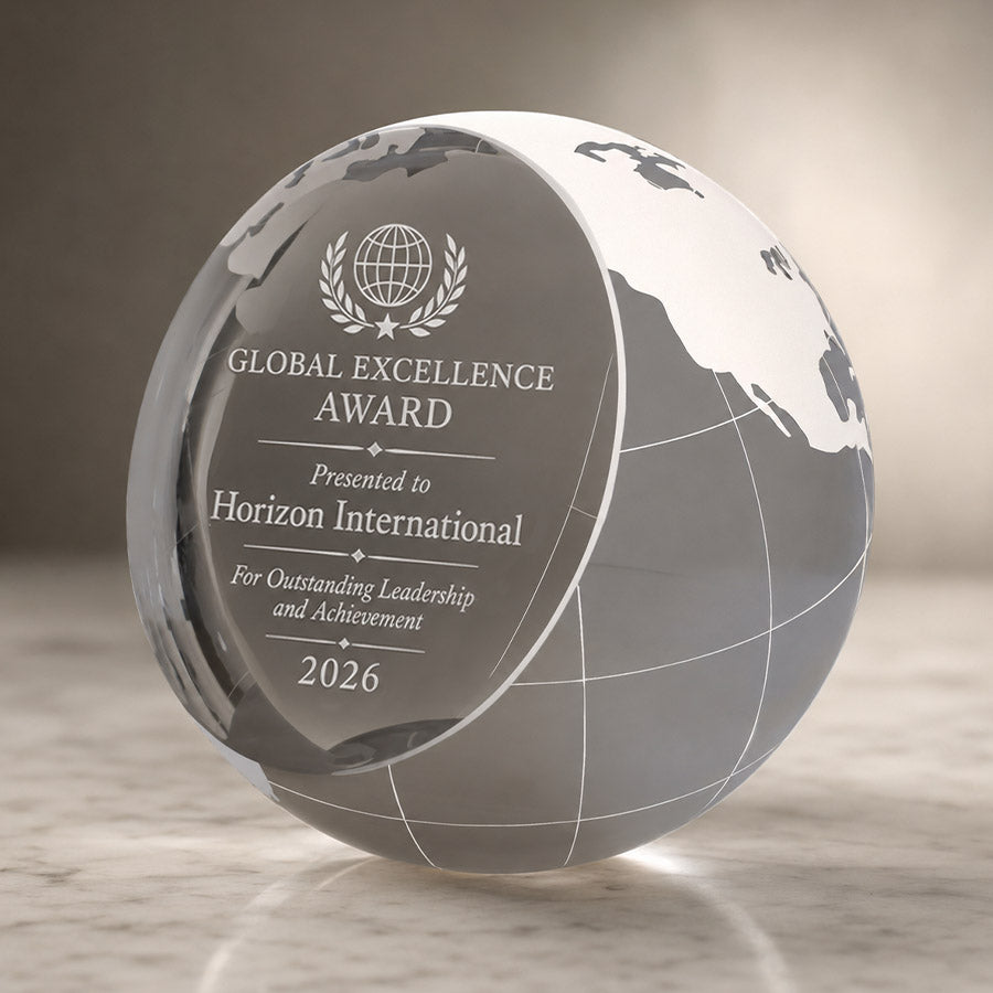 Personalized crystal globe award with engraved Global Excellence Award title, Horizon International name, and leadership recognition message -- lxi-context:leadership
