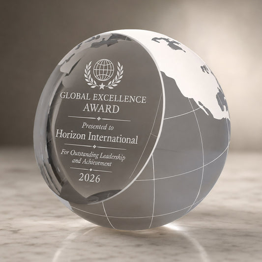 Personalized crystal globe award with engraved Global Excellence Award title, Horizon International name, and leadership recognition message -- lxi-context:leadership