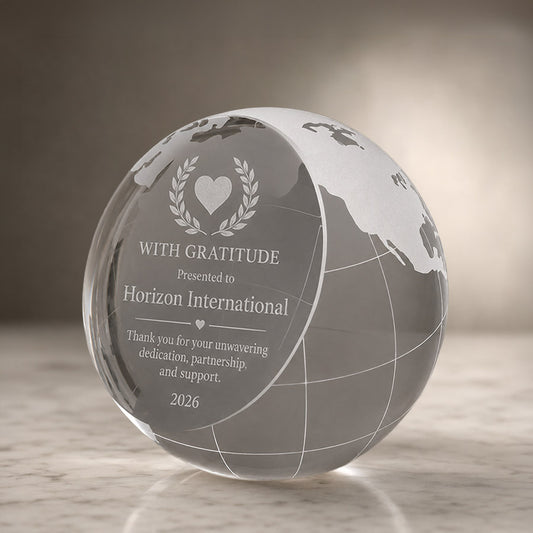 Personalized crystal globe award with engraved With Gratitude title, Horizon International name, and appreciation message -- lxi-context:gratitude