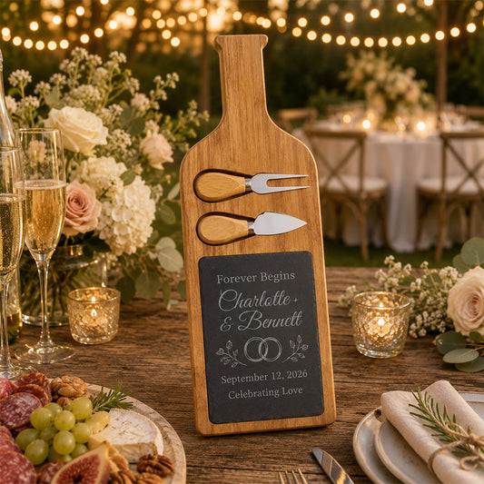 Personalized wedding cheese board gift set with engraved slate insert, Charlotte & Bennett names, and elegant reception styling -- lxi-context:wedding