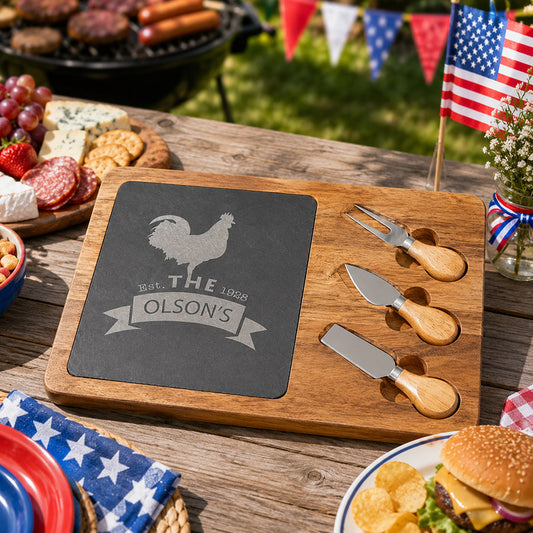 Wooden charcuterie board with a slate insert engraved with a rooster and “Olson’s Est. 1928,” plus three cheese knives, displayed on a backyard 4th of July picnic table with grill food, flags, and patriotic decor -- lxi-context:4th-of-july