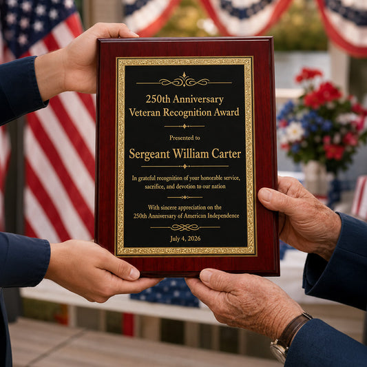 Personalized wood plaque with black and gold veteran recognition award design for the 250th anniversary of American Independence -- lxi-context:4th-of-july