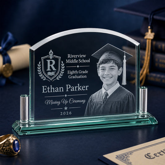 Personalized glass graduation award with etched student portrait, school crest, Ethan Parker name, and moving up ceremony message -- lxi-context:graduation