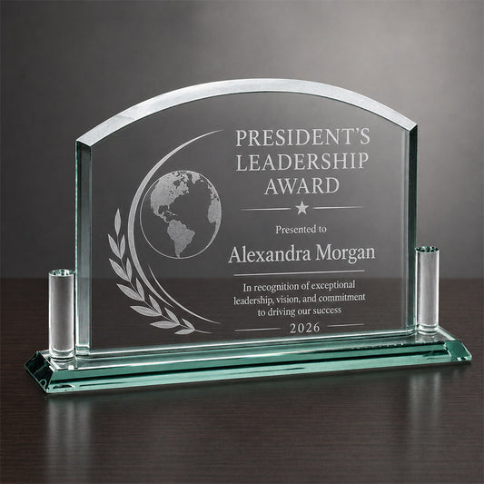 Personalized glass leadership award with engraved globe design, President’s Leadership Award title, and recipient name -- lxi-context:leadership