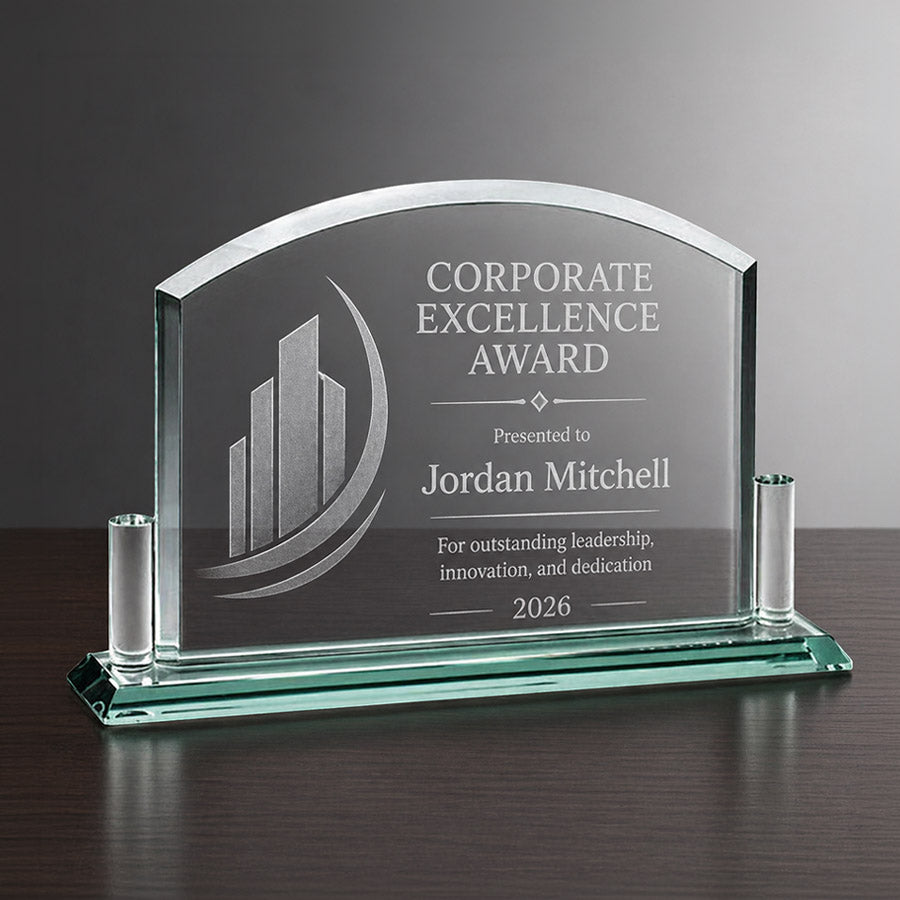 Personalized glass corporate excellence award with engraved rising bar design, award title, and recipient name -- lxi-context:service-recognition