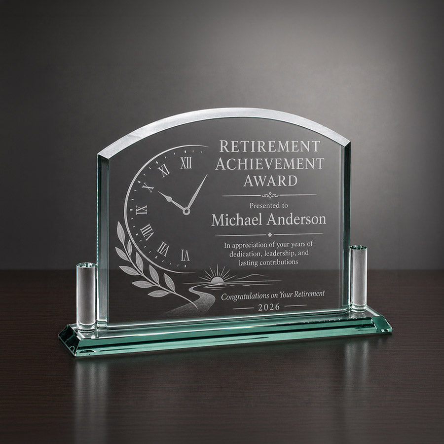 Personalized glass retirement award with engraved clock design, Retirement Achievement Award title, and recipient name -- lxi-context:retirement