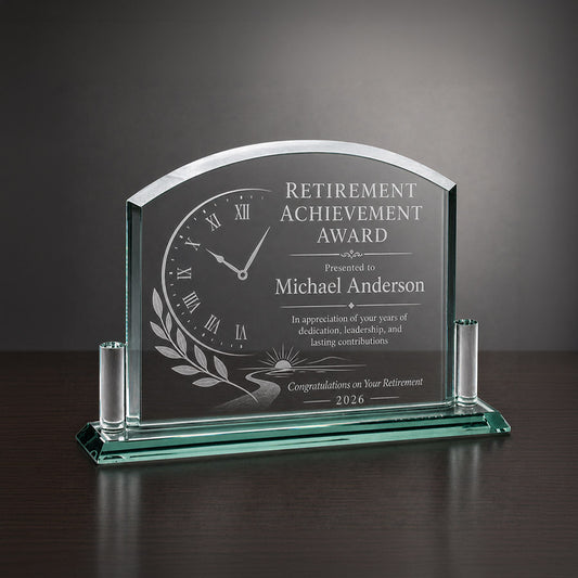 Personalized glass retirement award with engraved clock design, Retirement Achievement Award title, and recipient name -- lxi-context:retirement