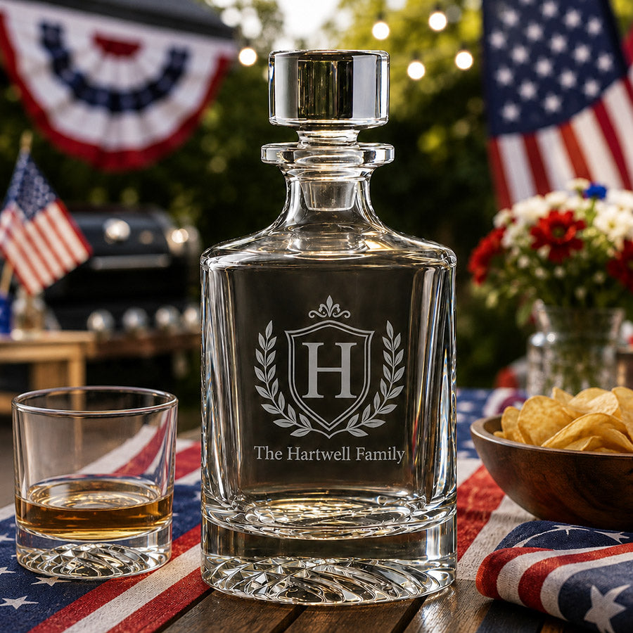 Personalized glass whiskey decanter with engraved Hartwell Family crest, shown with a rocks glass in a patriotic 4th of July backyard setting -- lxi-context:4th-of-july