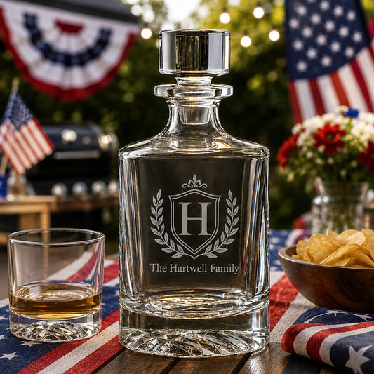 Personalized glass whiskey decanter with engraved Hartwell Family crest, shown with a rocks glass in a patriotic 4th of July backyard setting -- lxi-context:4th-of-july