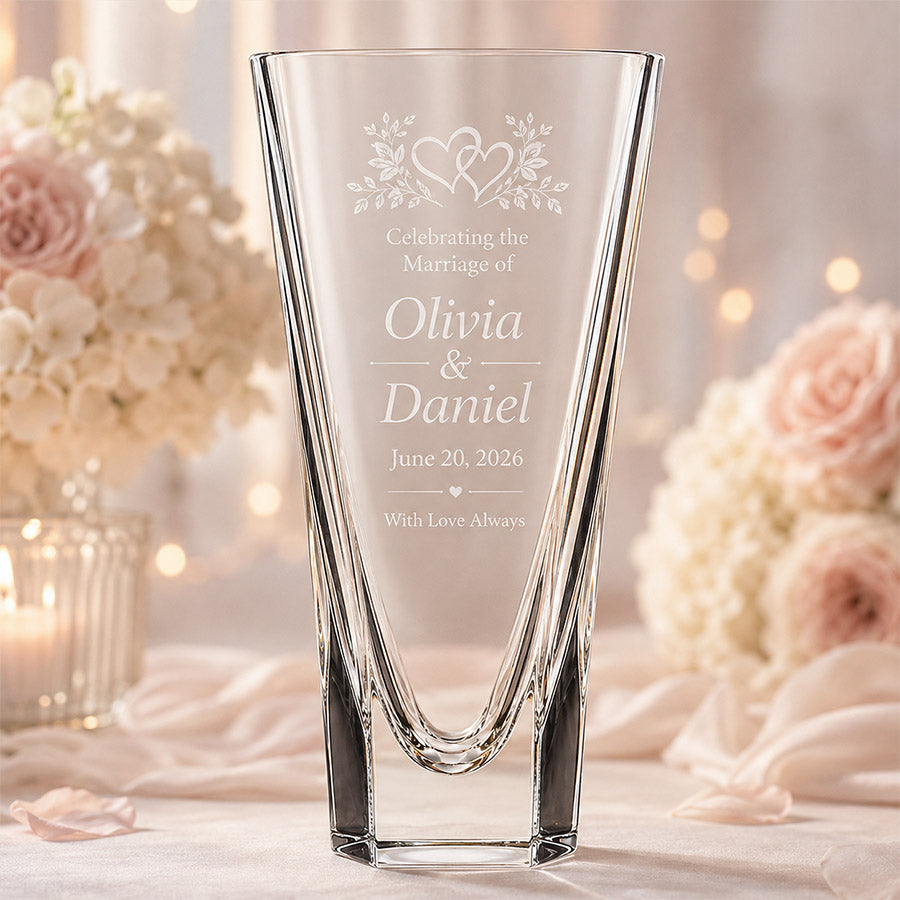 Personalized crystal vase with engraved wedding hearts, Olivia and Daniel names, wedding date, and With Love Always message