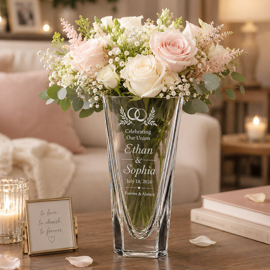 Personalized crystal wedding vase with engraved Ethan and Sophia names, wedding date, and floral arrangement display -- lxi-context:wedding