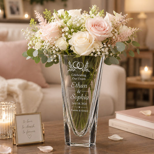 Personalized crystal wedding vase with engraved Ethan and Sophia names, wedding date, and floral arrangement display -- lxi-context:wedding