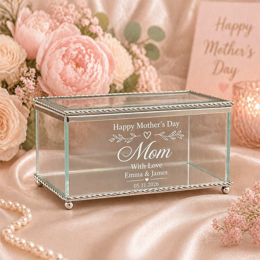 Personalized glass keepsake box with engraved Happy Mother’s Day message, names, date, and soft pink floral display -- lxi-context:mothers-day