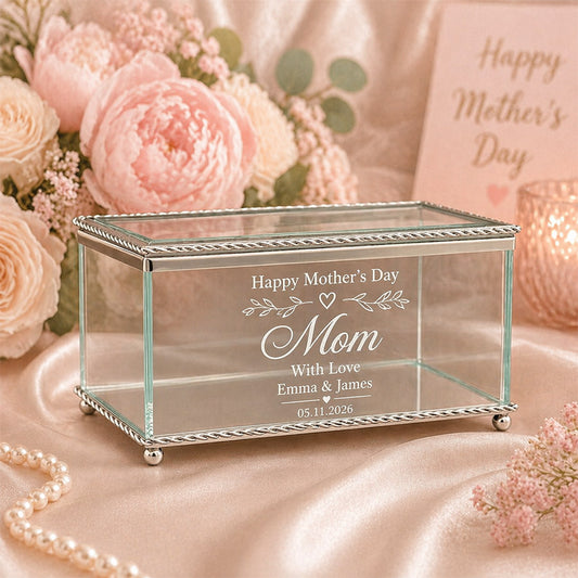 Personalized glass keepsake box with engraved Happy Mother’s Day message, names, date, and soft pink floral display -- lxi-context:mothers-day