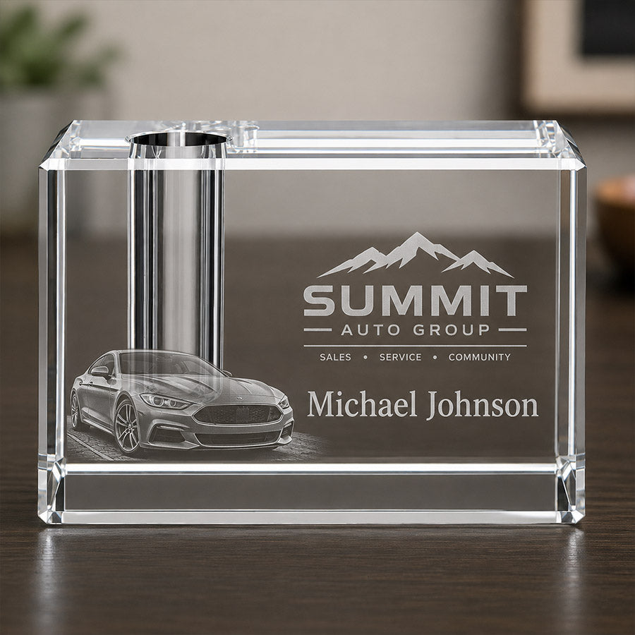 Personalized crystal pen holder with engraved car graphic, Summit Auto Group logo, and Michael Johnson name