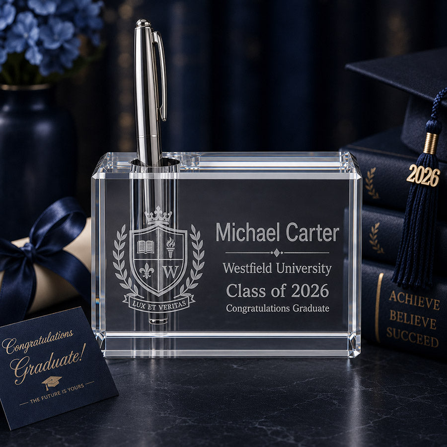 Personalized crystal pen holder with engraved university crest, Michael Carter name, and Class of 2026 graduation message -- lxi-context:graduation