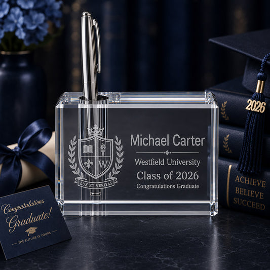 Personalized crystal pen holder with engraved university crest, Michael Carter name, and Class of 2026 graduation message -- lxi-context:graduation