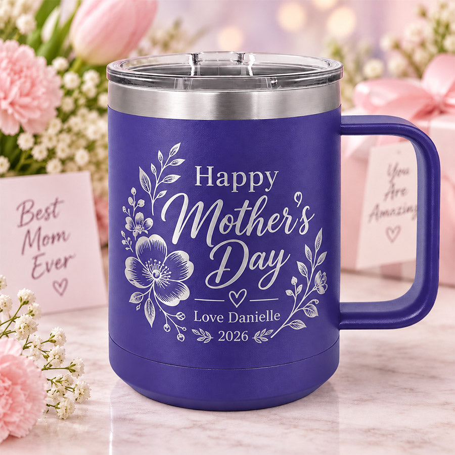 Personalized purple insulated mug with engraved Happy Mother’s Day floral design, Love Danielle message, and 2026 date -- lxi-context:mothers-day