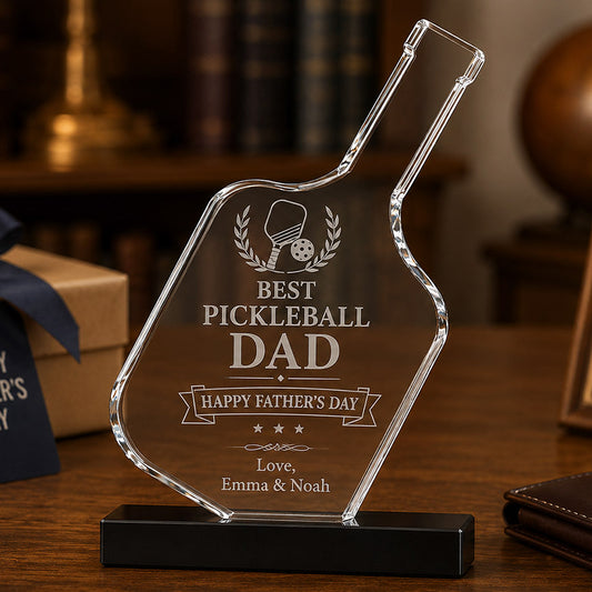 Personalized crystal pickleball award with Best Pickleball Dad, Happy Father’s Day, and custom names engraved on a black base -- lxi-context:fathers-day