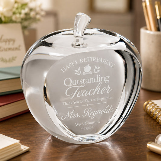 Personalized crystal apple award with engraved Happy Retirement, Outstanding Teacher message, and custom teacher name -- lxi-context:retirement