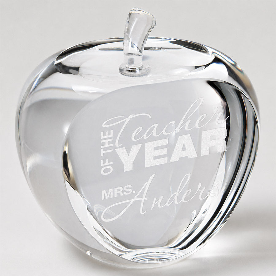 Personalized crystal apple award with engraved Teacher of the Year message and custom teacher name