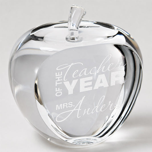 Personalized crystal apple award with engraved Teacher of the Year message and custom teacher name