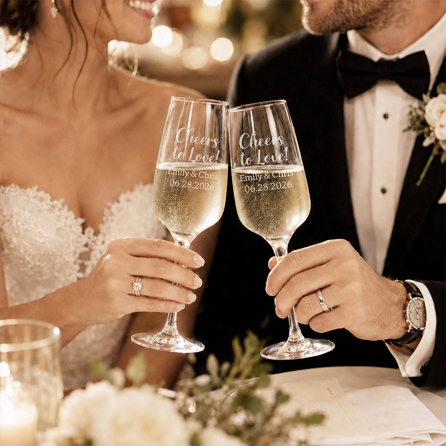 Personalized wedding champagne flutes engraved with Cheers to Love, couple names, and wedding date, held by a bride and groom during a toast -- lxi-context:wedding